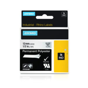 Dymo Original IND-Tape for Rhino, 12mm x 5.5m, Permanent Polyester, Black on Clear