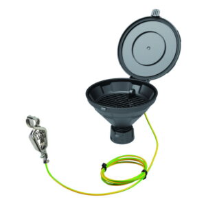 SCAT Funnel with lid "MARCO", V2.0, GL45, PE-HD electrostatic conductive, Ø 140 mm, with removable sieve and earthing cable
