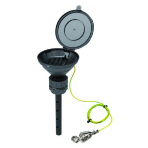 SCAT Funnel with lid "MARCO", V2.0, S55, 140 mm, PE-HD electrostatic conductive, with lance 220 mm, with removable sieve and earthing cable