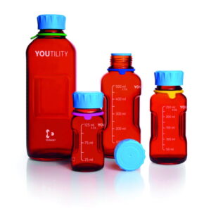 DWK Duran YOUTILITY Bottle 125 ml Amber, Graduated, GL 45, with Screw-Cap and Pouring Ring (PP), Pack of 4