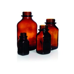 DWK Duran Square Screw Cap Bottle 100 mL, Wide Neck, Amber Thread 32, Soda Lime Glass, Without Cap
