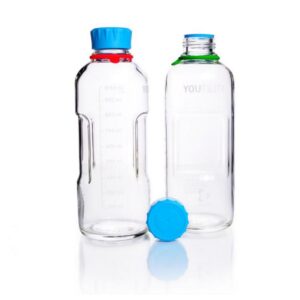 DWK Duran YOutility Bottle, 1000 mL, Clear, Graduated, GL45, with Screw Cap and Pouring Ring, PP, Pack of 4