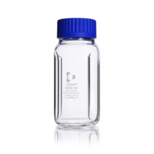 DWK Duran Baffled Wide Mouth Bottle GLS80 1000ml, Clear Duran, with Graduation, Screw Cap, and Pouring Ring​