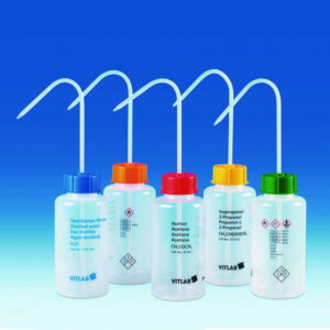 VITLAB Safety Washing Bottle 500 ml, PE-LD, GL 45, Tuluol, with VENT CAP screw connection