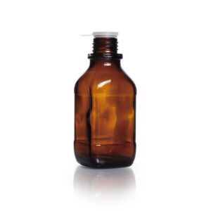 DWK Duran Square Screw Cap Bottle, Narrow Neck, Soda Lime Glass, Amber, With Dust Proof Cap, 250 mL
