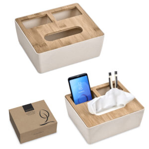 Eco Friendly Bamboo Desk Caddy – Phone Holder, Pen Holder & Tissue Holder