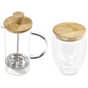 Glass & Bamboo Eco Friendly Coffee Drinkware Gift Set In Gift Box