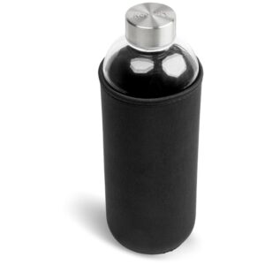 Jumbo 1 Litre Glass Water Bottle With Watertight Stainless Steel Lid & Black Neoprene Sleeve – In Gift Box