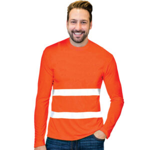 Mens Hi-Viz Moisture Management Crew Neck Long Sleeve T-shirt with Reflective Strips – Min 50 Units