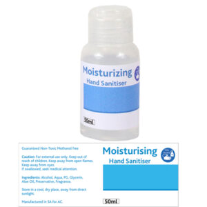 50ml Moisturising Sanitiser with full colour sticker – Min 150 Units